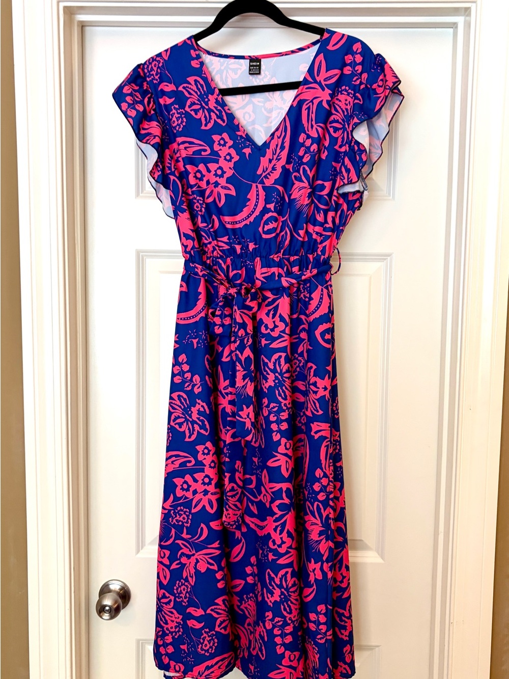 SHEIN Blue Maxi Dress with Pink Floral Print